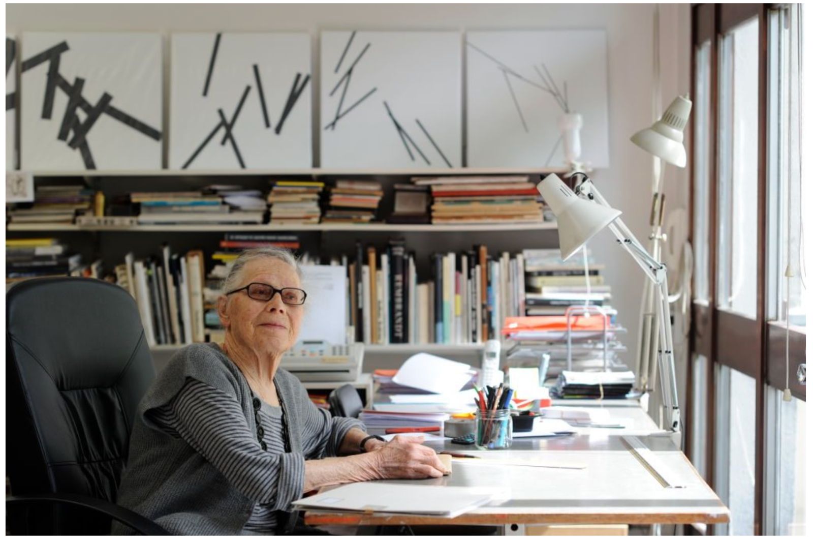 Artist Vera Molnar in her home and studio workshop on May 28, 2011 in Paris, France. Photo by Catherine Panchout/ Sygma via Getty Images. ( news.artnet.com )